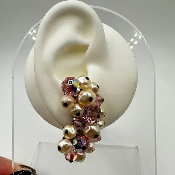 Vintage Laguna Pink Aurora Borealis crystal and Faux Pearl clip on earrings!